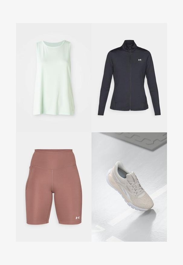 Melnās sporta jakas izgatavotas no gludas, elastīgas auduma ar augstu apkakli un pilnu rāvējslēdzēju, ar nelielu baltu logo augšējā kreisajā pusē.; Gaiši zaļa bezpiedurkņu blūze, izgatavota no elpojoša acs auduma, ar apaļu kakla līniju un brīvu piegriezumu ērtībai un kustībai.; Augstas jostas sporta šorti bālganā rozā krāsā. Izgatavoti no gludas, elastīgas auduma, ar sānu kabatu un baltu logotipa akcentu pie malām.; Gai bēša sporta apavi ar caurumiņiem augšdaļā, teksturētiem akcentiem, mīkstu apkakli un baltu gumijas zoli, kas paredzēti komfortam un gaisa caurlaidībai.