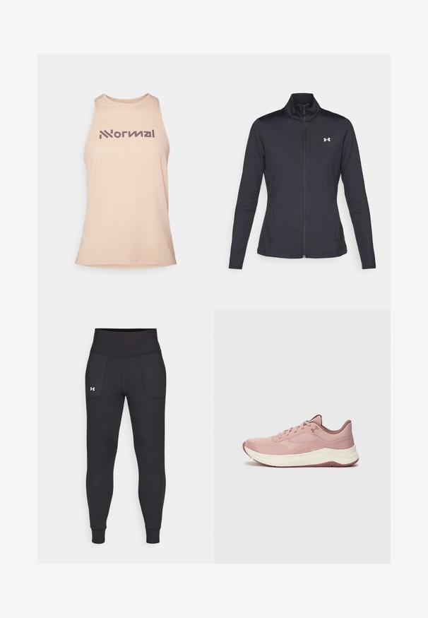 Black athletic jacket made of smooth, stretchy fabric with a high collar and full zipper, featuring a small white logo on the upper left side.; Beige sleeveless tank top with a textured fabric, featuring the word "Normal" in a bold purple font across the chest.; Black athletic leggings made from stretchy material, featuring a high waistband, side pockets, and fitted cuffs at the ankle.; Light pink athletic shoe with mesh upper, padded collar, and white midsole. Features textured patterns and a rubber sole with traction.