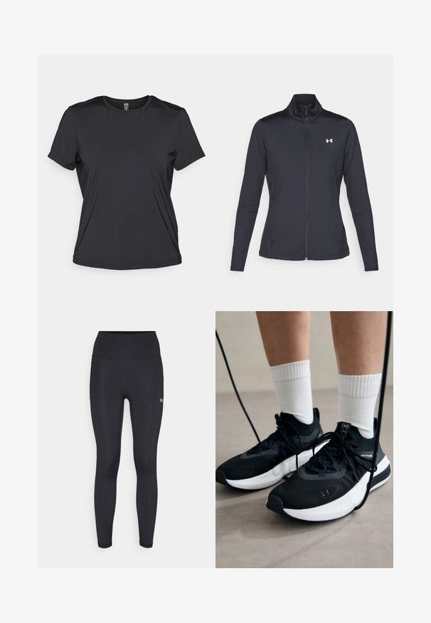 Giacca sportiva nera realizzata in tessuto morbido ed elasticizzato, con colletto alto e zip completa, caratterizzata da un piccolo logo bianco sul lato sinistro superiore.; T-shirt nero a maniche corte realizzato in tessuto liscio e leggero, con scollatura rotonda e vestibilità rilassata. Costruzione senza cuciture per il massimo comfort.; Leggings neri a vita alta realizzati in materiale morbido e elasticizzato. Presentano cuciture piatte e un piccolo logo sulla gamba destra in basso.; Scarpe sportive nere con tessuto testurizzato, suola bianca e lacci neri. Indossate con calzini bianchi a costine, in piedi su una superficie chiara.