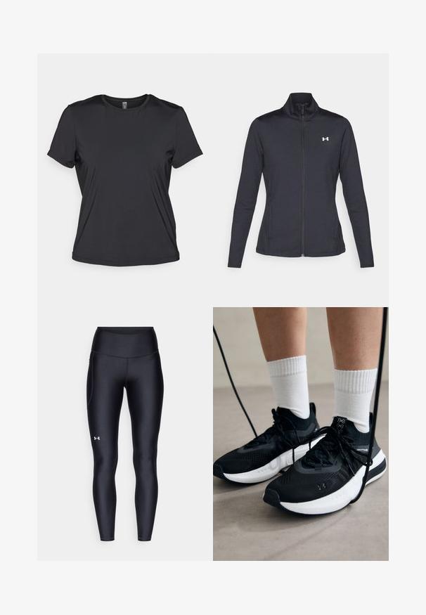 Jachetă sport neagră realizată dintr-un material neted și elastic, cu guler înalt și fermoar complet, având un mic logo alb în colțul din stânga sus.; Cămașă neagră cu mâneci scurte, fabricată dintr-un material neted și ușor, cu decolteu rotund și o croială lejeră. Construcție fără cusături pentru confort.; Colanți negri dintr-un material neted și elastic, cu un brâu înalt. Prezentând un logo alb pe cuartul stâng și un design ajustat.; Căști atletice negre cu țesătură texturată, talpă albă și șireturi negre. Purtați cu șosete albe cu riflaje, stând pe o suprafață deschisă.