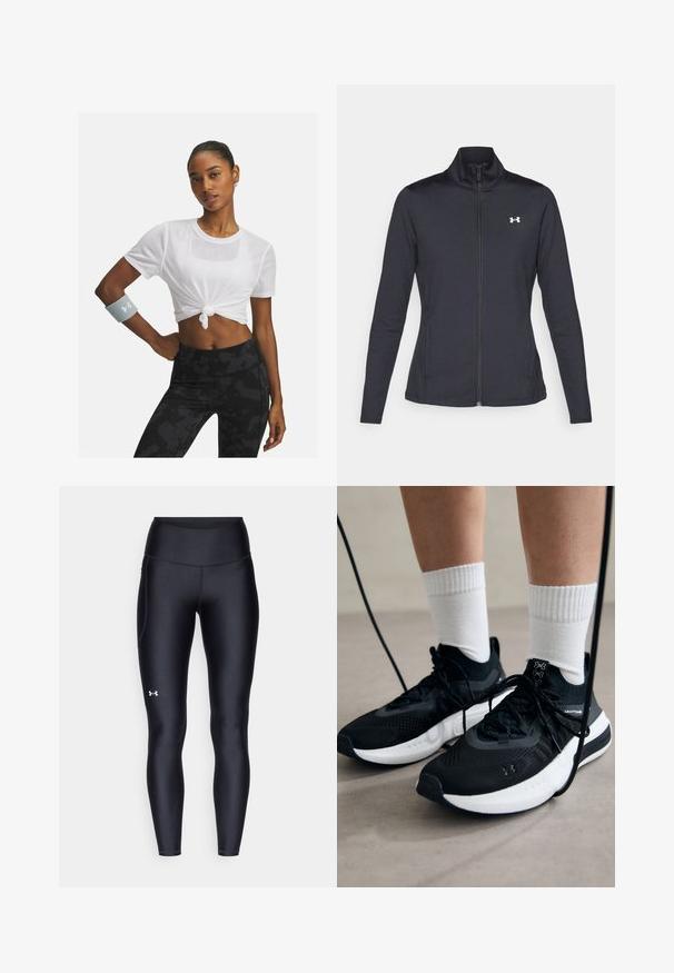 Czarna sportowa kurtka z gładkiego, elastycznego materiału, z wysokim kołnierzem i pełnym zamkiem, z małym białym logo na górnej lewej stronie.; Biała siateczkowa crop top z węzłem z przodu, zestawiona z czarnymi wzorzystymi legginsami z wysokim stanem; uzupełniona szarym zegarkiem na nadgarstek.; Czarne legginsy wykonane z gładkiego, elastycznego materiału z wysokim stanem. Posiadają białe logo na lewym udzie oraz dopasowany krój.; Czarne buty sportowe z teksturowanym materiałem, białą podeszwą i czarnymi sznurowadłami. Nosi je osoba w białych skarpetkach w prążki, stojąca na jasnej powierzchni.