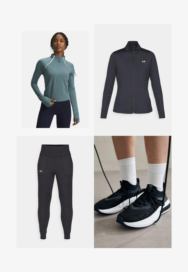 Zwarte sportjack gemaakt van glad, rekbaar materiaal met een hoge kraag en een volledige ritssluiting, met een klein wit logo op de bovenste linkerkant.; Teal sportieve pullover met halve rits, kraag en lange mouwen. Geweven manchetten en reflecterende accenten verbeteren de zichtbaarheid en stijl.; Zwarte sportleggings van rekbaar materiaal, met een hoge tailleband, zijzakken en aansluitende boorden bij de enkels.; Zwarte sportschoenen van gestructureerde stof, met een witte zool en zwarte veters. Draag ze met witte geribde sokken, staand op een lichte ondergrond.