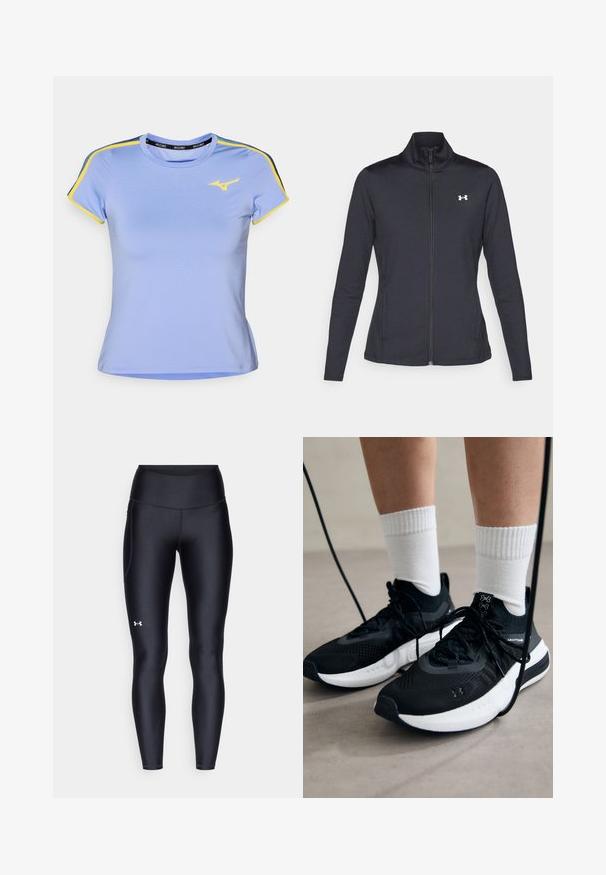 Černá sportovní bunda vyrobená z hladké a elastické textilie, s vysokým límcem a plným zipem, která má malé bílé logo na levé horní části.; Světle modré sportovní tričko s krátkými rukávy, zdobené žlutými a tmavě modrými pruhy na ramenou a malým žlutým logem na prsou.; Černé leginy vyrobené z hladkého, pružného materiálu s vysokým pasem. Obsahují bílé logo na levém stehně a mají přiléhavý střih.; Černé sportovní boty s texturovanou tkaninou, bílou podrážkou a černými tkaničkami. Nosené s bílými žebrovanými ponožkami, stojící na světlém povrchu.