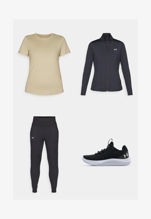 Black athletic jacket made of smooth, stretchy fabric with a high collar and full zipper, featuring a small white logo on the upper left side.; Beige short-sleeve t-shirt in a smooth, stretchy fabric. Features a round neckline and a subtle logo in the upper left chest area.; Black athletic leggings made from stretchy material, featuring a high waistband, side pockets, and fitted cuffs at the ankle.; Black athletic shoes with a breathable mesh upper, textured detailing, and a white rubber sole. Features flat laces and a heel pull tab.