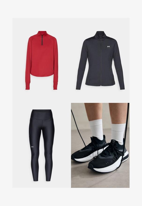 Fekete sportos dzseki sima, rugalmas anyagból, magas gallérral és teljes cipzárral, az elülső bal oldalon egy kis fehér logóval.; ONLY Play ONPSTEN LIFE WARM TOP - Hosszú ujjú felső - sun dried tomato; Fekete leggings sima, rugalmas anyagból, magas derékkal. Bal combján fehér logó található, és testhezálló kialakítású.; Fekete sportcipők textúrált anyagból, fehér talppal és fekete fűzőkkel. Fehér bordázott zoknikkal viselve, világos felületen állva.