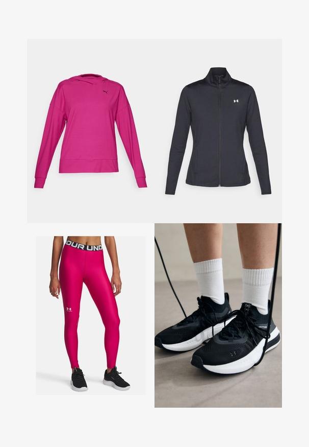 Zwarte sportjack gemaakt van glad, rekbaar materiaal met een hoge kraag en een volledige ritssluiting, met een klein wit logo op de bovenste linkerkant.; Fuchsia hoodie gemaakt van gladde stof, met een kangoeroezak, een capuchon met trekkoord en een zwart logo op de borst.; Roze sportlegging met een zwarte merkband. De stof is glad en rekbaar, met een logo op de linker bovenbeen.; Zwarte sportschoenen van gestructureerde stof, met een witte zool en zwarte veters. Draag ze met witte geribde sokken, staand op een lichte ondergrond.