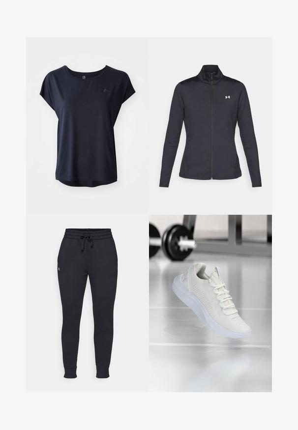 Svart treningsjakke laget av glatt, elastisk stoff med høy krage og hel glidelås, med en liten hvit logo på øvre venstre side.; Marineblå treningst-skjorte med korte ermer, mykt stoff, rund hals og en lett buet kant. Lite logodetalj på forsiden.; Svarte treningbukser med elastisk livlinning, justerbar snøring, ribbede mansjetter og en liten logo på venstre ben. Myk bomullsblanding.; Hvit atletisk sneaker med et teksturert mesh-overdel og snøring, med en polstret hvit såle og subtile ribbede detaljer.