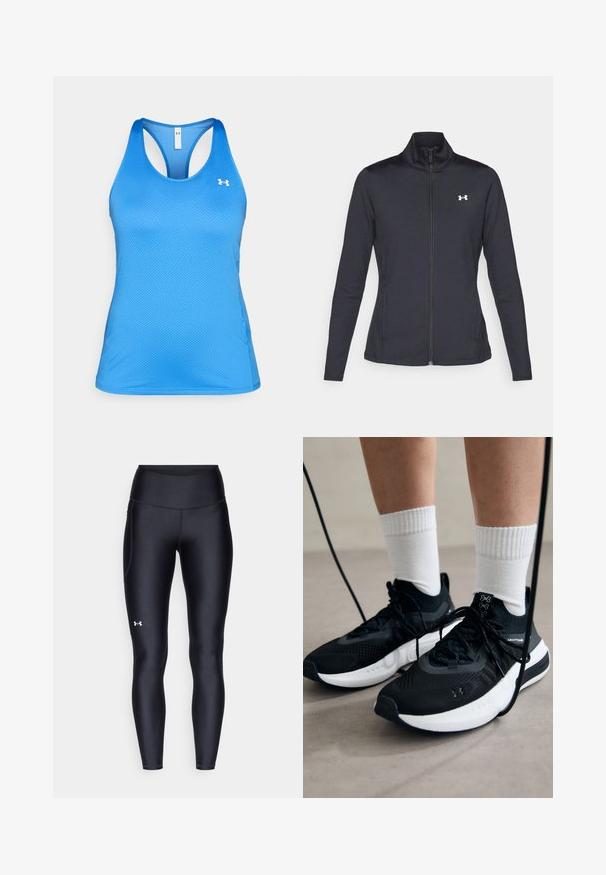 Juodas sportinis švarkas, pagamintas iš lygios, elastingos medžiagos, su aukštu apykakle ir pilnu užtrauktuku, su maža balta logo kairiajame viršutiniame kampe.; Mėlynas be rankovių sportinis marškinėliai su lenkta nugaros dalimi ir mažu baltu "Under Armour" logotipu kairėje krūtinės pusėje.; Juodos leggingai, pagaminti iš lygaus, elastingo audinio su aukštu juosmeniu. Kairiajame šlaunyje yra baltas logotipas ir tvirta konstrukcija.; Juodi sportiniai batai su tekstūruotu audiniu, balta padu ir juodais raiščiais. Dėvimi su baltais raištiniais kojiniais, stovint lengvame paviršiuje.