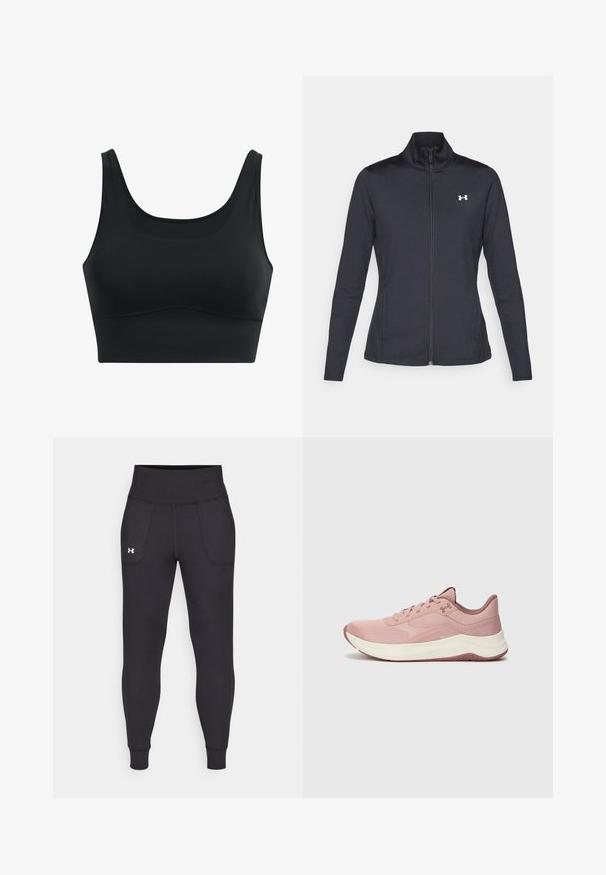 Czarna sportowa kurtka z gładkiego, elastycznego materiału, z wysokim kołnierzem i pełnym zamkiem, z małym białym logo na górnej lewej stronie.; Czarny sportowy stanik wykonany z gładkiego materiału, z okrągłym dekoldem, szerokimi ramiączkami i bezszwową konstrukcją z zaokrąglonym dołem.; Czarne legginsy sportowe wykonane z elastycznego materiału, z wysokim stanem, bocznymi kieszeniami i dopasowanymi mankietami przy kostkach.; Jasnoróżowy but sportowy z siateczkową cholewką, wyściełanym kołnierzem i białą podeszwą środkową. Posiada teksturowane wzory oraz gumową podeszwę z bieżnikiem.