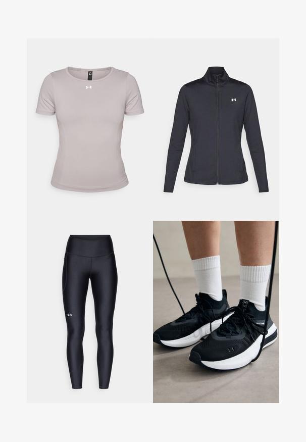 Melnās sporta jakas izgatavotas no gludas, elastīgas auduma ar augstu apkakli un pilnu rāvējslēdzēju, ar nelielu baltu logo augšējā kreisajā pusē.; Gaišs pelēks īsām piedurknēm sporta krekls ar apaļu kakla izgriezumu, izgatavots no gludas, elastīgas auduma. Uz krūšu daļas ir neliels balts logo.; Melnas leginses, kas izgatavotas no gluda, elastīga materiāla ar augstām jostām. Ir balta logo kreisajā augšstilbā un pieguļoša piegriezuma dizains.; Melni sporta apavi ar strukturētu audumu, balta zole un melni šņores. Valkāti ar baltām ribotām zeķēm, stāvot uz gaišas virsmas.