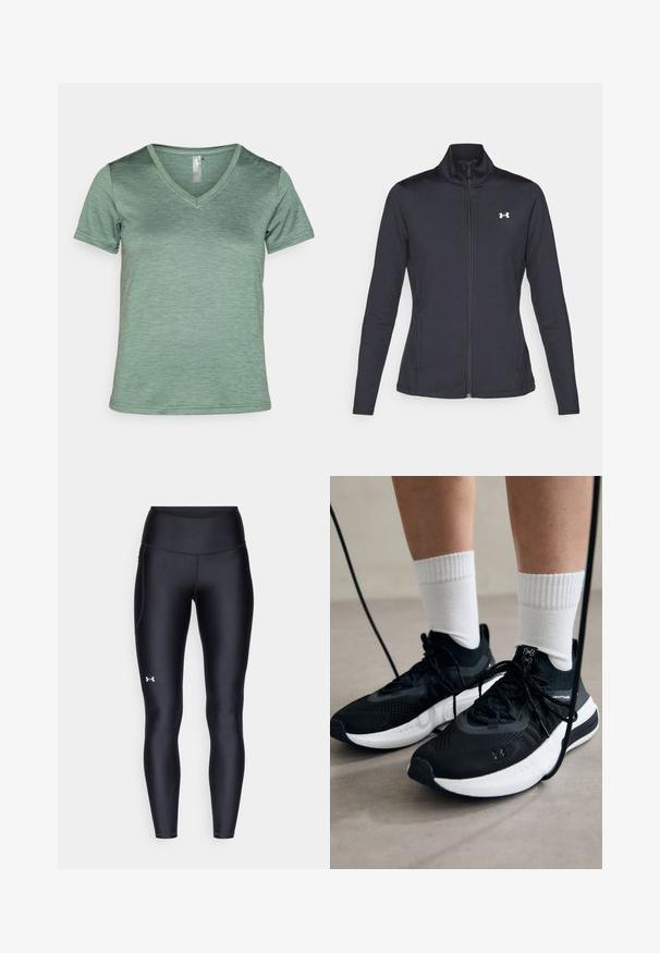 Jachetă sport neagră realizată dintr-un material neted și elastic, cu guler înalt și fermoar complet, având un mic logo alb în colțul din stânga sus.; Cămașă de tip T cu guler în V și mâneci scurte, de culoare verde deschis, realizată dintr-un material texturat și ușor, cu un model discret de melanj și cusături la margini.; Colanți negri dintr-un material neted și elastic, cu un brâu înalt. Prezentând un logo alb pe cuartul stâng și un design ajustat.; Căști atletice negre cu țesătură texturată, talpă albă și șireturi negre. Purtați cu șosete albe cu riflaje, stând pe o suprafață deschisă.