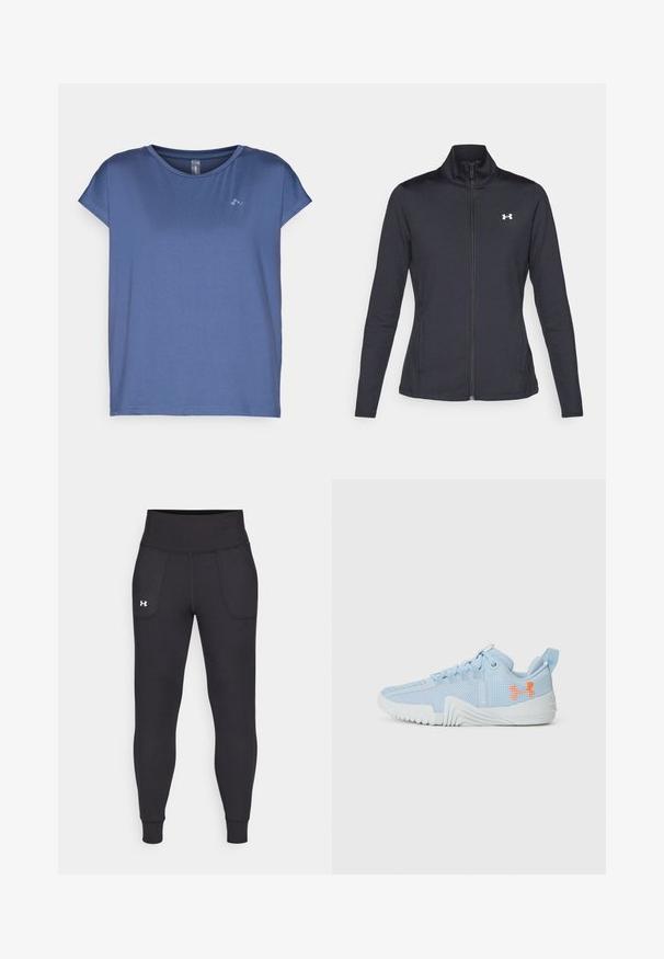 Črna atletska jakna iz gladkega, raztegljivega blaga z visokim ovratnikom in polnim zadrgo, ki ima majhen bel logotip na zgornji levi strani.; ONLY Play ONPAUBREE LIFE ON BAT LOOSE - Športne majice - vintage indigo; Črne atletske legice iz raztegljivega materiala, ki imajo visok pas, stranske žepke in tesne manšete pri gležnjih.; Svetlo modra športna čevlja iz mrežnega materiala s teksturirano podplatom, opremljena z oranžno logotipom in vezalnim dizajnom.