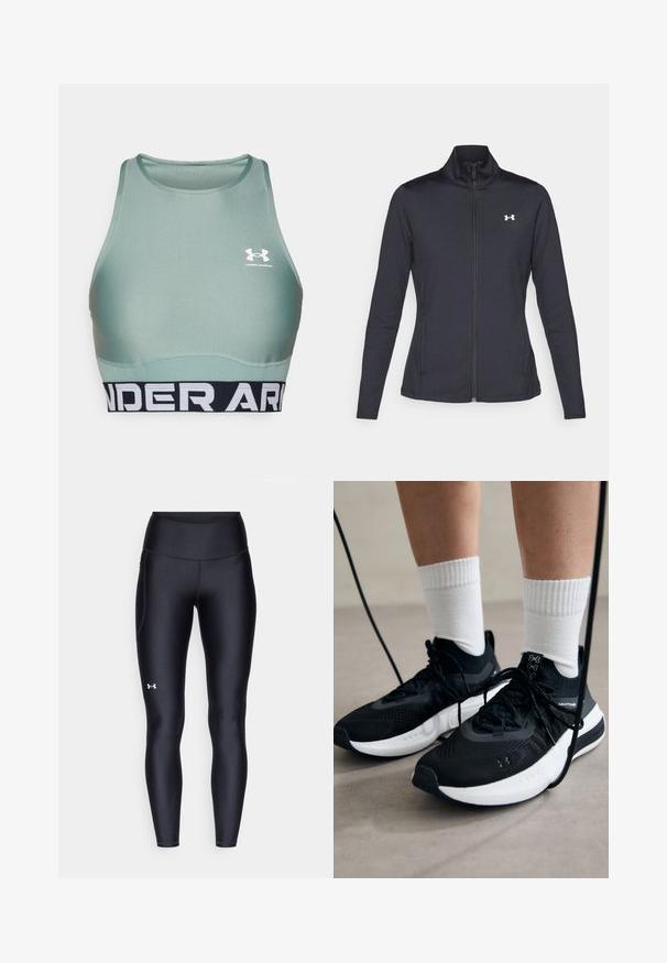 Casaco atlético preto feito de um tecido liso e elástico, com gola alta e zíper completo, apresentando um pequeno logótipo branco no canto superior esquerdo.; Sutiã desportivo verde menta feito de um tecido suave, com decote redondo e uma larga faixa preta na cintura com "UNDER ARMOUR" em letras brancas.; Leggings pretos feitos de material liso e elástico, com uma cintura alta. Apresentam um logotipo branco na coxa esquerda e um design ajustado.; Sapatilhas desportivas pretas com tecido texturizado, sola branca e atacadores pretos. Usadas com meias brancas caneladas, a pé sobre uma superfície clara.