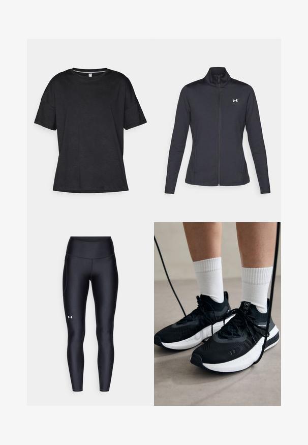 Chaqueta deportiva negra hecha de una tela suave y elástica, con cuello alto y cremallera completa, que presenta un pequeño logo blanco en la parte superior izquierda.; Camiseta negra de manga corta hecha de un tejido texturizado con un sutil patrón de olas, que presenta un escote redondo y un corte relajado.; Leggings negros hechos de un material suave y elástico con una cintura alta. Presentan un logo blanco en el muslo izquierdo y un diseño ajustado.; Zapatillas deportivas negras con tela texturizada, suela blanca y cordones negros. Llevadas con calcetines blancos de canalé, de pie sobre una superficie clara.