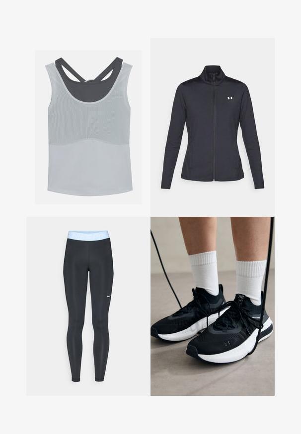 Fekete sportos dzseki sima, rugalmas anyagból, magas gallérral és teljes cipzárral, az elülső bal oldalon egy kis fehér logóval.; Even&Odd active Felső - light grey/dark grey; Fekete sportleggings világoskék derékrésszel, amelyen a "NIKE PRO" felirat található; sima textúrájú és testhez simuló kialakítású. Fehér Nike logó a bal oldalon.; Fekete sportcipők textúrált anyagból, fehér talppal és fekete fűzőkkel. Fehér bordázott zoknikkal viselve, világos felületen állva.