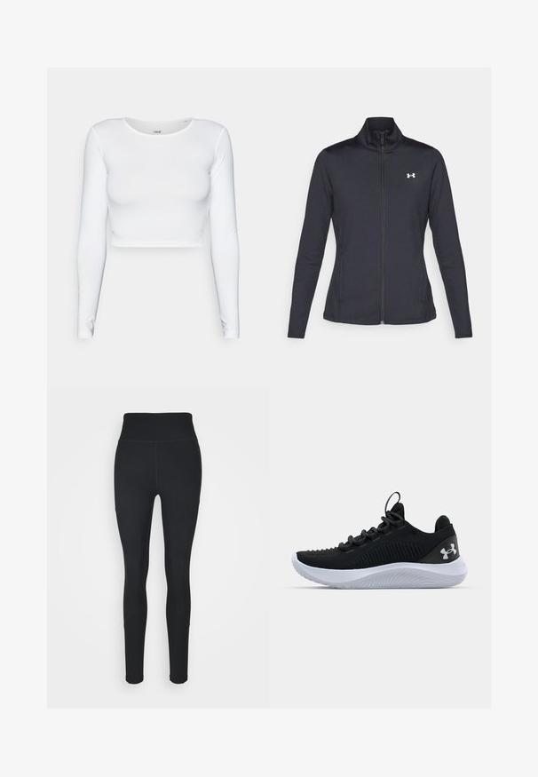 Black athletic jacket made of smooth, stretchy fabric with a high collar and full zipper, featuring a small white logo on the upper left side.; White long-sleeve crop top made from a smooth, stretchy material featuring a round neckline and fitted silhouette. Minimalist design.; Black leggings made of stretchy fabric, featuring a high waistband, ribbed panels on the sides, and a fitted design tapering at the ankles.; Black athletic shoes with a breathable mesh upper, textured detailing, and a white rubber sole. Features flat laces and a heel pull tab.