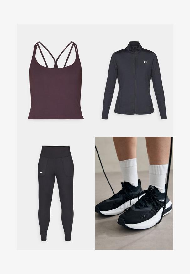 Musta urheilutakki, joka on valmistettu sileästä ja joustavasta kankaasta. Takissa on korkea kaulus ja täysipitkä vetoketju, sekä pieni valkoinen logo vasemmalla ylhäällä.; Tumma violetti toppi, joka on valmistettu sileästä kankaasta ja jossa on ohuet kaksinkertaiset olkaimet sekä pyöreä kaula-aukko. Saumaton helma alhaalla.; Mustat urheiluhousut, jotka on valmistettu venyvästä materiaalista. Niissä on korkea vyötärö, sivutaskut ja tiukat lahkeensuuthteet.; Mustat urheilukengät, joissa on teksturoitua kangasta, valkoiset pohjat ja mustat nauhat. Yhdistetty valkoisten urheilusukkien kanssa, seisten vaalealla pinnalla.