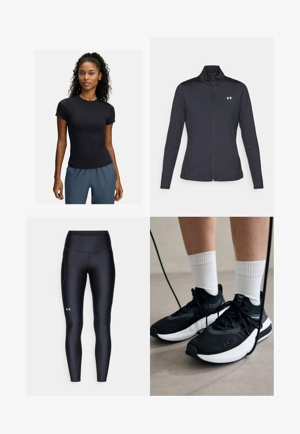Black athletic jacket made of smooth, stretchy fabric with a high collar and full zipper, featuring a small white logo on the upper left side.; Black short-sleeve athletic t-shirt made of stretchy fabric, featuring a round neckline and a fitted design, paired with gray athletic pants.; Black leggings made of smooth, stretchy material with a high waistband. Features a white logo on the left thigh and fitted design.; Black athletic shoes with textured fabric, white sole, and black laces. Worn with white ribbed socks, standing on a light surface.