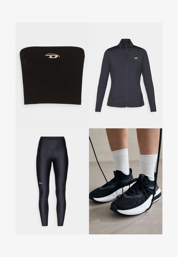 Black athletic jacket made of smooth, stretchy fabric with a high collar and full zipper, featuring a small white logo on the upper left side.; Black ribbed strapless top with a distinctive oval silver logo detail at the center. Smooth texture and fitted design.; Black leggings made of smooth, stretchy material with a high waistband. Features a white logo on the left thigh and fitted design.; Black athletic shoes with textured fabric, white sole, and black laces. Worn with white ribbed socks, standing on a light surface.