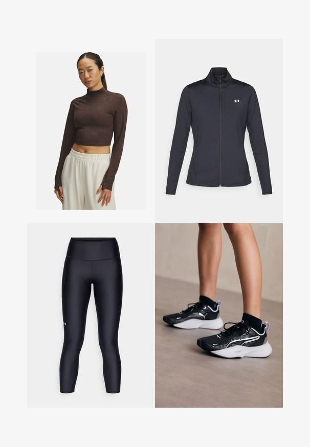 Black athletic jacket made of smooth, stretchy fabric with a high collar and full zipper, featuring a small white logo on the upper left side.; Brown cropped long-sleeve top with a mock neck, made of smooth fabric, featuring a fitted design and subtle stitching details. White elastic-waist pants.; Black leggings made of smooth, stretchy fabric. High-waisted design with a close fit and a small logo on the left leg.; Black athletic shoes with white accents, mesh upper, laces, and cushioned heel. Features a textured sole for traction.