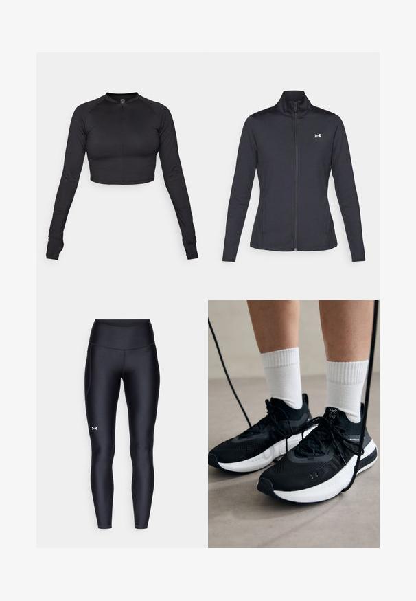 Mustmust mustrits mustritud jahk, valmistatud sujuvast, venivast kangast, kõrge kraega ja täispika tõmbluku ning väikese valge logoga vasakul üleval poole.; Must must pikkade varrukatega must crop-top, millel on kõrge kaelus ja eesmine lukuga sulgur, valmistatud siledast venivast kangast; keha külge jäänud disain raglanvarrukatega.; Mustad mustad, venitatud materjalist, kõrge vöökoht. Vasakul reie kohal on valge logo ning tihe disain.; Mustad mustad jalanõud tekstuuritud kangast, valge tallaga ja mustade paeltega. Kanna valgete soonikkudega sokkide sisse, seistes helesinisel pinnal.