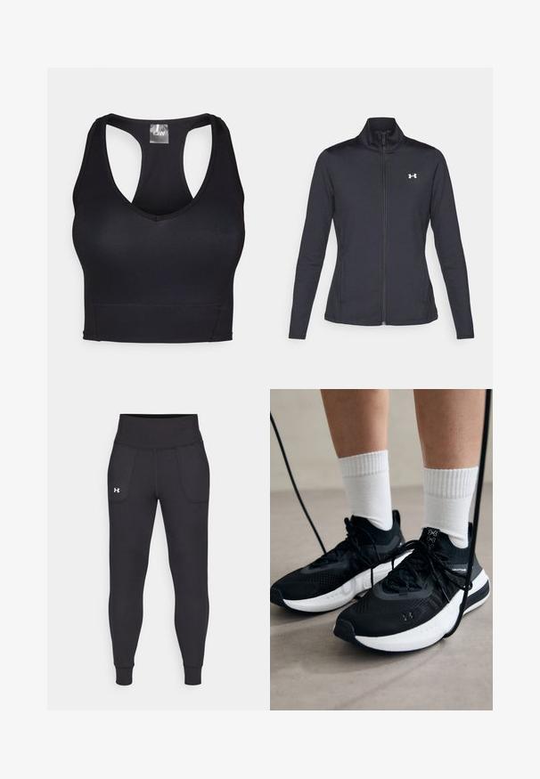 Fekete sportos dzseki sima, rugalmas anyagból, magas gallérral és teljes cipzárral, az elülső bal oldalon egy kis fehér logóval.; Fekete sportmelltartó V-nyakkivágással és versenypálya-háttal. Kellemes tapintású, ruganyos anyagból készült, sima varrásokkal a kényelem és a támasz érdekében.; Fekete sportleggings rugalmas anyagból, magas derékfűzéssel, oldalsó zsebekkel és szűkített szárakkal a bokán.; Fekete sportcipők textúrált anyagból, fehér talppal és fekete fűzőkkel. Fehér bordázott zoknikkal viselve, világos felületen állva.