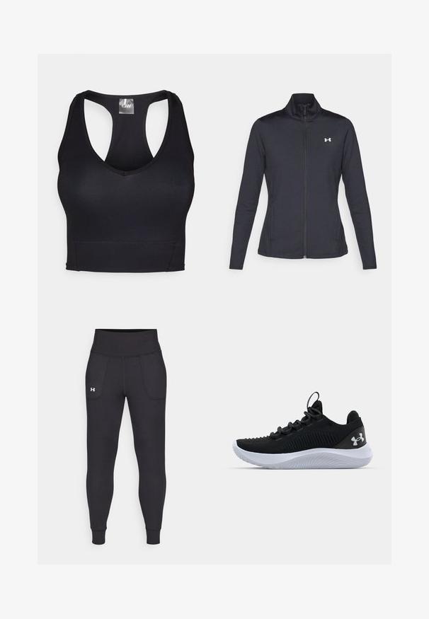 Juodas sportinis švarkas, pagamintas iš lygios, elastingos medžiagos, su aukštu apykakle ir pilnu užtrauktuku, su maža balta logo kairiajame viršutiniame kampe.; Juoda sportinė liemenėlė su V formos iškirpte ir lenkto nugaros dizainu. Pagaminta iš lygaus, tampraus audinio su plokščiomis siūlėmis komfortui ir palaikymui.; Juodos sportinės leginsai, pagaminti iš tamprių medžiagų, su aukštu juosmeniu, šoninėmis kišenėmis ir priglundančiomis blauzdų manžetėmis.; Juodi sportiniai batai su kvėpuojančia tinkline viršutine dalimi, tekstūruotais akcentais ir balto gumos padu. Yra lygios raišteliai ir užkulnio kilpa.