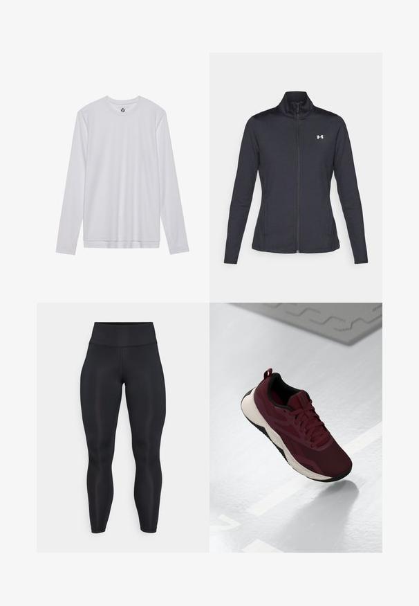 Giacca sportiva nera realizzata in tessuto morbido ed elasticizzato, con colletto alto e zip completa, caratterizzata da un piccolo logo bianco sul lato sinistro superiore.; Camicetta bianca a maniche lunghe realizzata in tessuto liscio, con scollo rotondo e taglio dritto. Nessun motivo o accento visibile.; Leggings neri a vita alta e a lunghezza completa con tessuto liscio e dettagli delle cuciture visibili sul davanti e sulla vita.; Scarpa atletica color borgogna con tomaia in rete, dettagli neri e suola bianca ammortizzata. Presenta chiusura con lacci e una linguetta sul tallone.