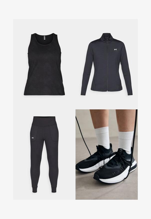 Musta urheilutakki, joka on valmistettu sileästä ja joustavasta kankaasta. Takissa on korkea kaulus ja täysipitkä vetoketju, sekä pieni valkoinen logo vasemmalla ylhäällä.; Musta hihaton paita, jossa on aaltoileva kuvio. Valmistettu joustavasta kankaasta, siinä on pyöreä kaula-aukko ja leveät olkaimet.; Mustat urheiluhousut, jotka on valmistettu venyvästä materiaalista. Niissä on korkea vyötärö, sivutaskut ja tiukat lahkeensuuthteet.; Mustat urheilukengät, joissa on teksturoitua kangasta, valkoiset pohjat ja mustat nauhat. Yhdistetty valkoisten urheilusukkien kanssa, seisten vaalealla pinnalla.
