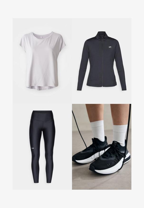 Black athletic jacket made of smooth, stretchy fabric with a high collar and full zipper, featuring a small white logo on the upper left side.; Light gray, short-sleeve athletic shirt made from smooth, breathable fabric; round neckline with subtle curved hem for a relaxed fit.; Black leggings made of smooth, stretchy material with a high waistband. Features a white logo on the left thigh and fitted design.; Black athletic shoes with textured fabric, white sole, and black laces. Worn with white ribbed socks, standing on a light surface.