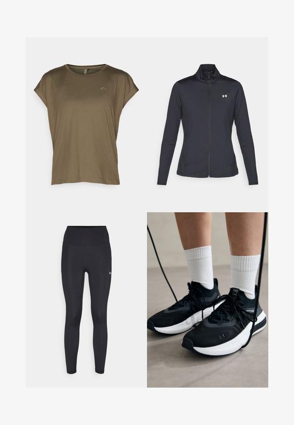 Musta urheilutakki, joka on valmistettu sileästä ja joustavasta kankaasta. Takissa on korkea kaulus ja täysipitkä vetoketju, sekä pieni valkoinen logo vasemmalla ylhäällä.; ONLY Play ONPAUBREE LIFE ON BAT LOOSE - Tekninen t-paita - kalamata; Mustat korkeavyötäröiset legginsit, jotka on valmistettu sileästä ja joustavasta materiaalista. Ominaisuuksiin kuuluu tasaiset saumat ja pieni logo oikeassa alareidessä.; Mustat urheilukengät, joissa on teksturoitua kangasta, valkoiset pohjat ja mustat nauhat. Yhdistetty valkoisten urheilusukkien kanssa, seisten vaalealla pinnalla.