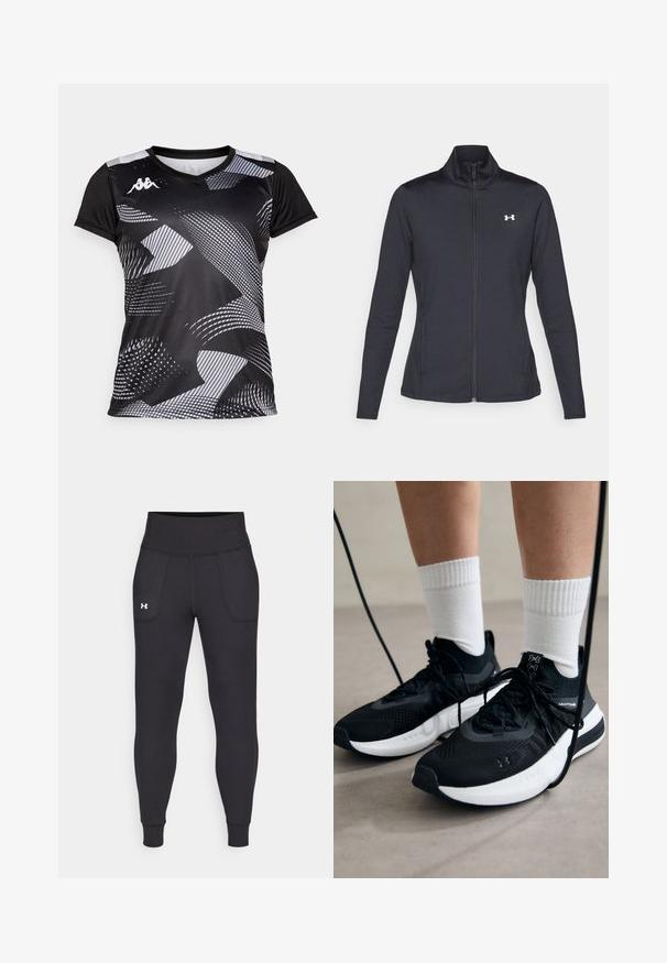 Casaco atlético preto feito de um tecido liso e elástico, com gola alta e zíper completo, apresentando um pequeno logótipo branco no canto superior esquerdo.; Camisola atlética preta com padrões abstratos em cinza. Apresenta mangas curtas e decote em V. Feita de material leve e respirável.; Leggings atléticos pretos, feitos de material elástico, com uma cintura alta, bolsos laterais e punhos ajustados no tornozelo.; Sapatilhas desportivas pretas com tecido texturizado, sola branca e atacadores pretos. Usadas com meias brancas caneladas, a pé sobre uma superfície clara.