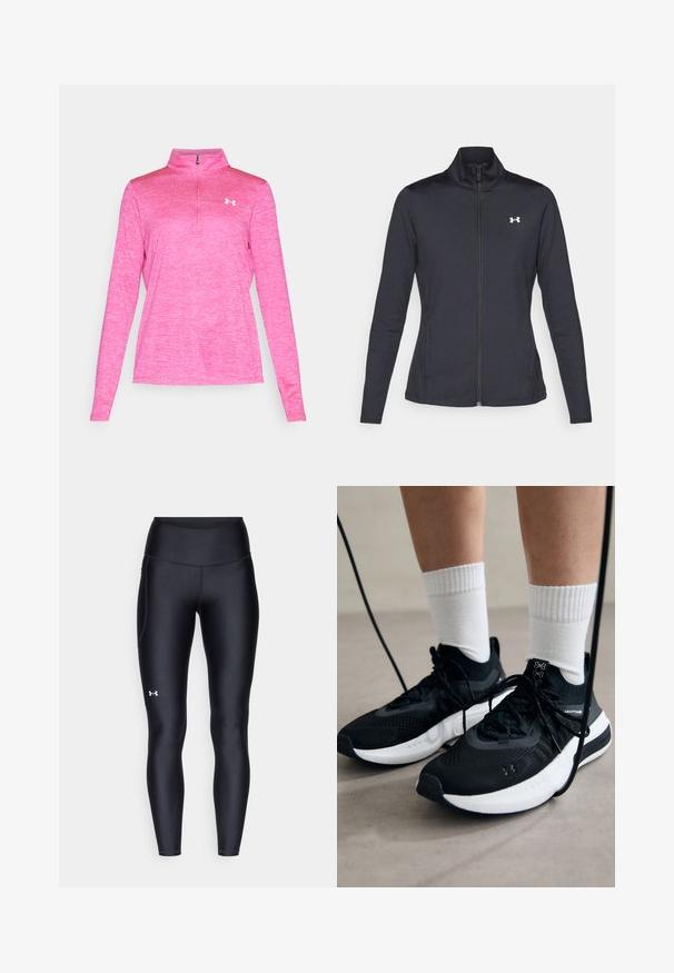 Black athletic jacket made of smooth, stretchy fabric with a high collar and full zipper, featuring a small white logo on the upper left side.; Pink long-sleeve athletic pullover with half-zip and white Under Armour logo on the left chest, shown on plain white background.; Black leggings made of smooth, stretchy material with a high waistband. Features a white logo on the left thigh and fitted design.; Black athletic shoes with textured fabric, white sole, and black laces. Worn with white ribbed socks, standing on a light surface.