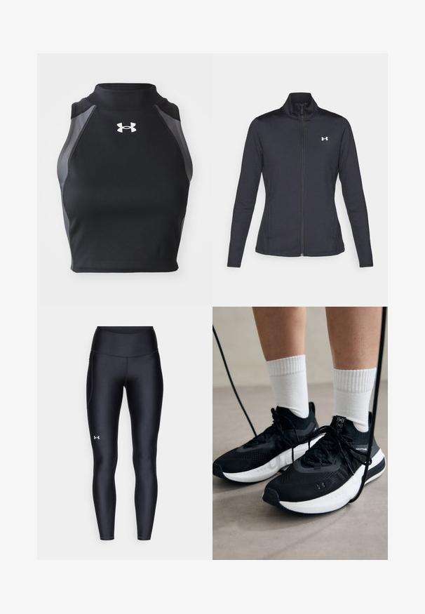 Čierna športová bunda vyrobená z hladkého, elastického materiálu s vysokým golierom a plným zipsom, s malým bielym logom na hornej ľavej strane.; Čierny crop top s vysokým golierom, rebrovanou štruktúrou a sivými bočnými akcentmi. Na prednej strane má malé biele logo.; Čierne legíny vyrobené z hladkého, elastického materiálu s vysokým pásom. Obsahujú biele logo na ľavom stehne a sú strihané na telo.; Čierne športové topánky s textúrovanou tkaninou, bielou podrážkou a čiernymi šnúrkami. Nosené s bielymi rebrovanými ponožkami, postavené na svetlom povrchu.