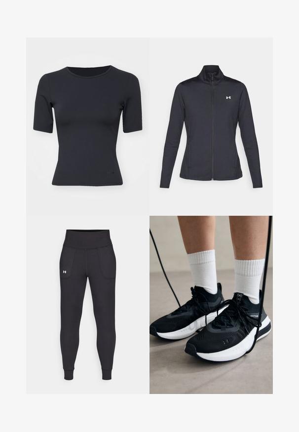 Sort atletisk jakke lavet af glat, strækbart stof med høj krave og fuld lynlås, der har et lille hvidt logo på den øverste venstre side.; Sort kortærmet top i en tætsiddende design, lavet af glat stof med rund halsudskæring og subtil branding ved kanten.; Sorte atletiske leggings lavet af strækbart materiale, med høj talje, sidelommer og tætsiddende manchetter ved anklerne.; Sorte sportssko med tekstureret stof, hvid sål og sorte snørebånd. Båret med hvide ribbede sokker, stående på en lys overflade.