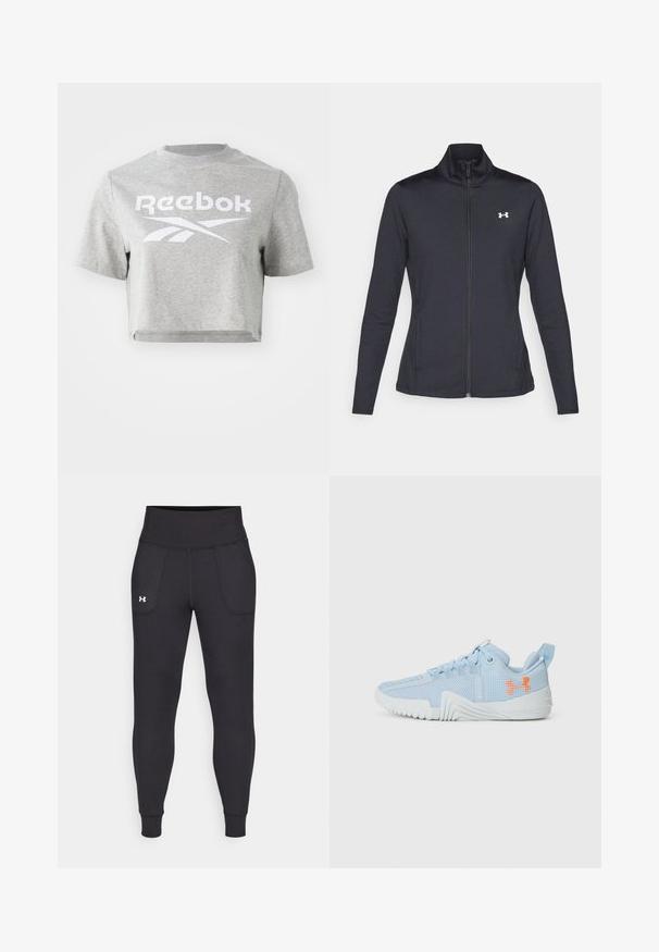 Melnās sporta jakas izgatavotas no gludas, elastīgas auduma ar augstu apkakli un pilnu rāvējslēdzēju, ar nelielu baltu logo augšējā kreisajā pusē.; Pelēks īss krekls, izgatavots no kokvilnas, ar apaļu dekoltē un īsām piedurknēm, uz kura priekšpuses ir balts "Reebok" teksts un logo.; Melnas sporta legingi, kas izgatavoti no stiepjama materiāla, ar augstu jostasvietu, sānu kabatām un pieguļošiem anklets.; Gaiši zils sporta apavu pāris, izgatavots no tīkla materiāla ar teksturētu zoli, ar oranžu logotipu un auklu dizainu.