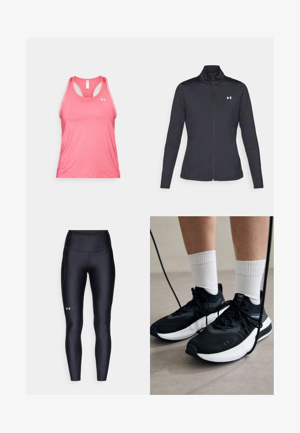 Mustmust mustrits mustritud jahk, valmistatud sujuvast, venivast kangast, kõrge kraega ja täispika tõmbluku ning väikese valge logoga vasakul üleval poole.; Roosa sporditopp, mis on valmistatud siledast ja kergest kangast. Omab võidusõidukäe disaini, millel on kontrastne valge logo ja äärise aktsendid.; Mustad mustad, venitatud materjalist, kõrge vöökoht. Vasakul reie kohal on valge logo ning tihe disain.; Mustad mustad jalanõud tekstuuritud kangast, valge tallaga ja mustade paeltega. Kanna valgete soonikkudega sokkide sisse, seistes helesinisel pinnal.