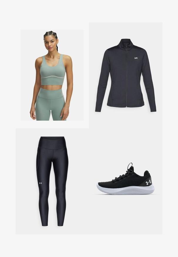 Juodas sportinis švarkas, pagamintas iš lygios, elastingos medžiagos, su aukštu apykakle ir pilnu užtrauktuku, su maža balta logo kairiajame viršutiniame kampe.; Šviesiai žalia sportinė liemenėlė su prigludusia forma, plačiomis petnešėlėmis ir lygiu paviršiumi. Apatinėje dalyje yra kontrastingi balti siūlai.; Juodos leggingai, pagaminti iš lygaus, elastingo audinio su aukštu juosmeniu. Kairiajame šlaunyje yra baltas logotipas ir tvirta konstrukcija.; Juodi sportiniai batai su kvėpuojančia tinkline viršutine dalimi, tekstūruotais akcentais ir balto gumos padu. Yra lygios raišteliai ir užkulnio kilpa.