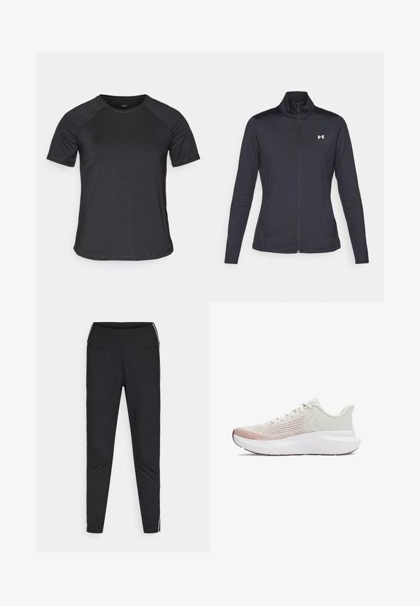 Schwarze Sportjacke aus glattem, dehnbarem Stoff mit hohem Kragen und durchgehendem Reißverschluss, ausgestattet mit einem kleinen weißen Logo auf der oberen linken Seite.; Schwarzes, kurzärmeliges Sportshirt mit Raglanärmeln, glatter Textur und rundem Ausschnitt. Verfügt über genähte Nähte und eine lockere Passform.; Schwarze Leggings aus dehnbarem Stoff. Hoher Bund, schmaler Schnitt, mit weißen Seitenstreifen entlang der äußeren Nähte. Glatte Textur.; Leichte Sportschuhe mit einem atmungsaktiven weißen Netzobermaterial, einem Verlauf in Pink-Akzenten und einer dicken weißen Sohle mit strukturierten Details.