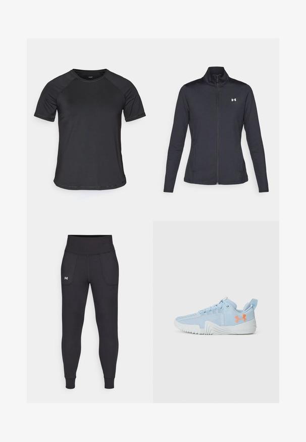 Černá sportovní bunda vyrobená z hladké a elastické textilie, s vysokým límcem a plným zipem, která má malé bílé logo na levé horní části.; Černé sportovní tričko s krátkým rukávem a raglánovými rukávy, hladká textura a kulatý výstřih. Obsahuje šité švy a volný střih.; Černé sportovní legíny vyrobené z elastického materiálu, s vysokým pasem, bočními kapsami a úzkými manžetami na kotnících.; Světlomodrá sportovní bota vyrobená z prodyšného materiálu s texturovanou podrážkou, s oranžovým logem a šněrovacím designem.