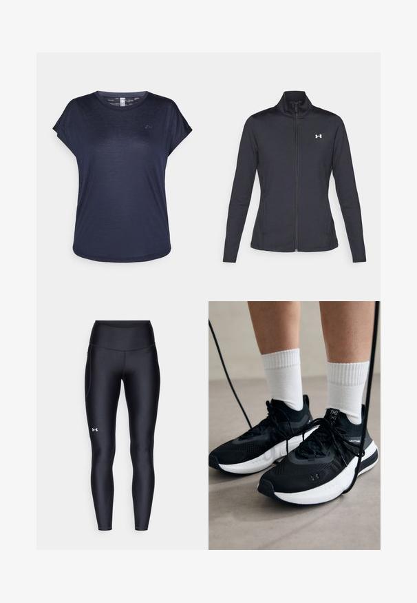 Musta urheilutakki, joka on valmistettu sileästä ja joustavasta kankaasta. Takissa on korkea kaulus ja täysipitkä vetoketju, sekä pieni valkoinen logo vasemmalla ylhäällä.; T-paita, jossa on lyhyet hihat ja merensininen väri, valmistettu kevyestä kankaasta. T-paidassa on pyöreä pääntie ja hillitty logo-asiakirja rinnassa.; Mustat legginsit, jotka on valmistettu sileästä ja venyvästä materiaalista, korkealla vyötäröllä. Vasemmassa reidessä on valkoinen logo ja istuva muotoilu.; Mustat urheilukengät, joissa on teksturoitua kangasta, valkoiset pohjat ja mustat nauhat. Yhdistetty valkoisten urheilusukkien kanssa, seisten vaalealla pinnalla.