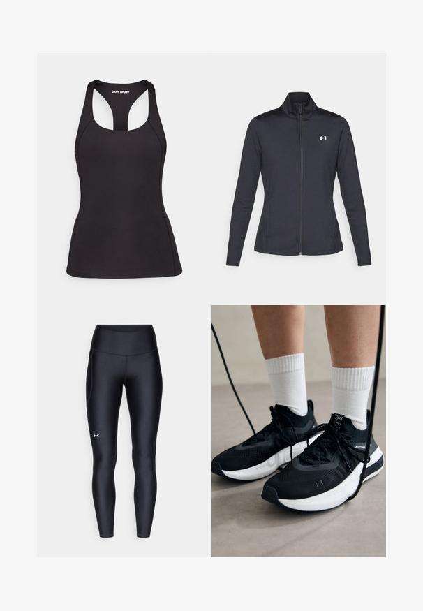 Casaco atlético preto feito de um tecido liso e elástico, com gola alta e zíper completo, apresentando um pequeno logótipo branco no canto superior esquerdo.; Top desportivo preto feito de um tecido suave, apresentando um design de costas nadador e detalhes de costura em contraste para maior durabilidade.; Leggings pretos feitos de material liso e elástico, com uma cintura alta. Apresentam um logotipo branco na coxa esquerda e um design ajustado.; Sapatilhas desportivas pretas com tecido texturizado, sola branca e atacadores pretos. Usadas com meias brancas caneladas, a pé sobre uma superfície clara.
