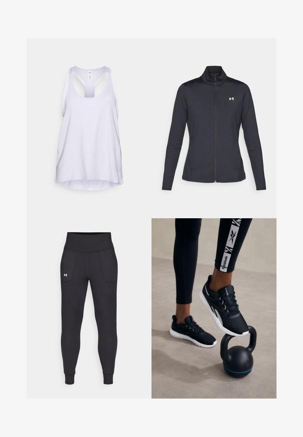 Čierna športová bunda vyrobená z hladkého, elastického materiálu s vysokým golierom a plným zipsom, s malým bielym logom na hornej ľavej strane.; Under Armour KNOCKOUT TANK - Top - salt purple/white; Čierne športové legíny vyrobené z elastického materiálu, s vysokým pásom, bočnými vreckami a priliehajúcimi manžetami na členkoch.; Čierne športové topánky s textúrovaným povrchom, bielou podrážkou a šedými akcentmi, umiestnené na čiernej kettlebell s modrým pruhom, na neutrálnom pozadí.