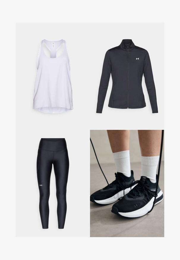 Mustmust mustrits mustritud jahk, valmistatud sujuvast, venivast kangast, kõrge kraega ja täispika tõmbluku ning väikese valge logoga vasakul üleval poole.; Under Armour KNOCKOUT TANK - Topp - salt purple/white; Mustad mustad, venitatud materjalist, kõrge vöökoht. Vasakul reie kohal on valge logo ning tihe disain.; Mustad mustad jalanõud tekstuuritud kangast, valge tallaga ja mustade paeltega. Kanna valgete soonikkudega sokkide sisse, seistes helesinisel pinnal.