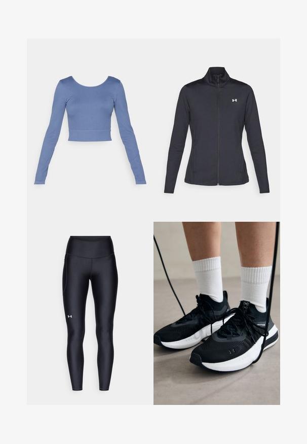 Črna atletska jakna iz gladkega, raztegljivega blaga z visokim ovratnikom in polnim zadrgo, ki ima majhen bel logotip na zgornji levi strani.; Dolgimi rokavi, kratek top iz mehkega modrega rebrastega blaga. Ima okroglo izrez in prilegajočo se zasnovo z minimalnimi šivi.; Črne pajkice iz gladkega, elastičnega materiala z visokim pasom. Imajo bel logotip na levem stegnu in oprijet kroj.; Črne športne čevlje z strukturirano tkanino, belo podplatom in črnimi vezalkami. Nosi se z belimi rebrastimi nogavicami, stoje na svetli površini.