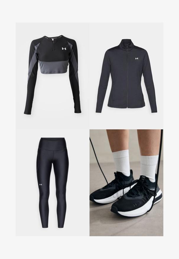 Fekete sportos dzseki sima, rugalmas anyagból, magas gallérral és teljes cipzárral, az elülső bal oldalon egy kis fehér logóval.; Fekete és szürke hosszú ujjú, rövidített sportfelső cipzáras nyakkal, textúrázott mintázattal és Under Armour logóval a mellkasán.; Fekete leggings sima, rugalmas anyagból, magas derékkal. Bal combján fehér logó található, és testhezálló kialakítású.; Fekete sportcipők textúrált anyagból, fehér talppal és fekete fűzőkkel. Fehér bordázott zoknikkal viselve, világos felületen állva.