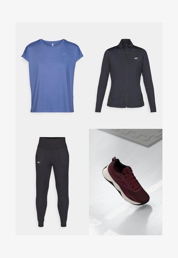 Jachetă sport neagră realizată dintr-un material neted și elastic, cu guler înalt și fermoar complet, având un mic logo alb în colțul din stânga sus.; Tricou cu mâneci scurte, de culoare albastru deschis, fabricat dintr-un material neted. Dispune de un logo subtil pe piept și are o croială relaxată, lejeră.; Leggings negre atletice realizate dintr-un material elastic, cu talie înaltă, buzunare pe lateral și manșete ajustate la gleznă.; Shoe sportiv maron cu parte superioară din plasă, accente negre și o talpă albă cu amortizare. Prezintă închidere cu șireturi și un manșon la călcâi.