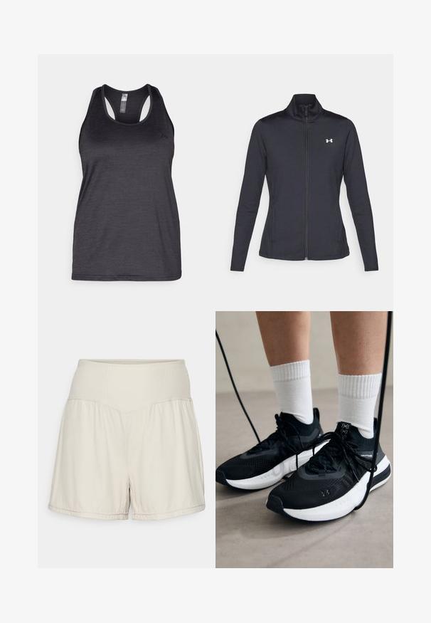 Jachetă sport neagră realizată dintr-un material neted și elastic, cu guler înalt și fermoar complet, având un mic logo alb în colțul din stânga sus.; ONLY Play ONPCORE LIFE ON - Top - black; Pantaloni scurți bej deschis cu o talie texturată în formă de caneluri, design fluid și croială lejeră. Au margini cusute și fante laterale pentru flexibilitate.; Căști atletice negre cu țesătură texturată, talpă albă și șireturi negre. Purtați cu șosete albe cu riflaje, stând pe o suprafață deschisă.