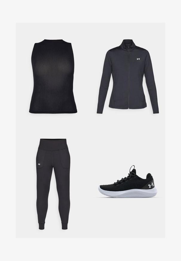 Zwarte sportjack gemaakt van glad, rekbaar materiaal met een hoge kraag en een volledige ritssluiting, met een klein wit logo op de bovenste linkerkant.; Zwarte geribbelde gebreide mouwloze top met een hoge halslijn en textuurdetails, met een aansluitende pasvorm die zich naar het lichaam vormt.; Zwarte sportleggings van rekbaar materiaal, met een hoge tailleband, zijzakken en aansluitende boorden bij de enkels.; Zwarte sportieve schoenen met een ademende mesh bovenkant, een gestructureerd ontwerp en een witte rubberen zool. Voorzien van platte veters en een trekbandje aan de hiel.
