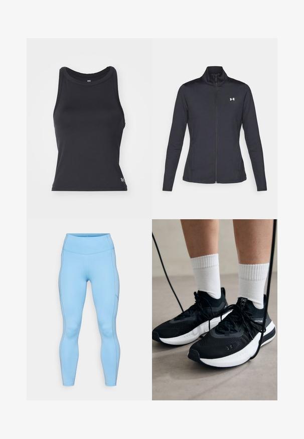 Czarna sportowa kurtka z gładkiego, elastycznego materiału, z wysokim kołnierzem i pełnym zamkiem, z małym białym logo na górnej lewej stronie.; Czarna, bezrękawnikowa sportowa koszulka z okrągłym dekoltem, wykonana z gładkiego, elastycznego materiału. Posiada małe logo w dolnym prawym rogu.; Jasnoniebieskie legginsy wykonane z elastycznej tkaniny. Posiadają wysoki pasek w talii, gładką teksturę oraz zakrzywione szwy wzdłuż nóg.; Czarne buty sportowe z teksturowanym materiałem, białą podeszwą i czarnymi sznurowadłami. Nosi je osoba w białych skarpetkach w prążki, stojąca na jasnej powierzchni.